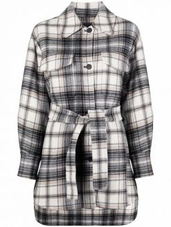 Maje check-print tie-fastening coat